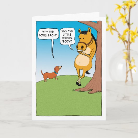 Cute and Funny Horse and Dachshund Birthday Kaart (Gele Bloem)