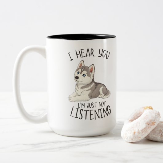 Cute and Funny Husky Tweekleurige Koffiemok (Met donut)