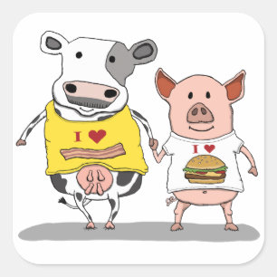 Cute and Funny Koe and Pig Friends Vierkante Sticker