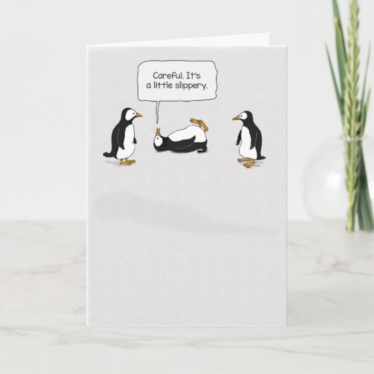 Cute and Funny Penguin Slips on Ice Birthday Kaart (Voorkant)