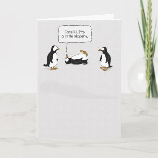 Cute and Funny Penguin Slips on Ice Birthday Kaart