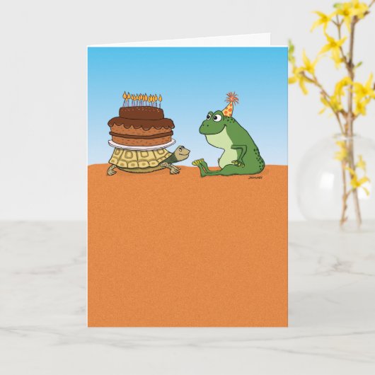Cute and Funny Turtle and Frog Birthday Kaart (Gele Bloem)