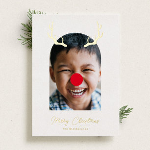 Cute and Gekke Rudolph Reindeer Photo and Gold Folie Feestdagenkaart