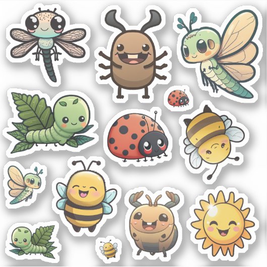 Cute and Happy Bug Stickers, Kawaii Bugs Sticker (Voorkant)