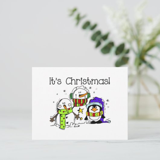 Cute and Jolly Snowmen and Penguins Het is Kerstmi Feestdagenkaart (Staand voorkant)