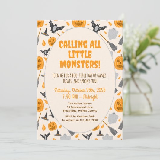 Cute and spooky halloween party invitation kaart (Staand voorkant)