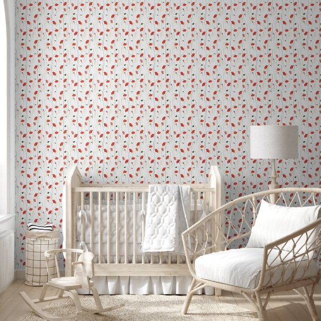 Cute And Sweet Floral Poppy Pattern Wallpaper Behang (Kinderen)