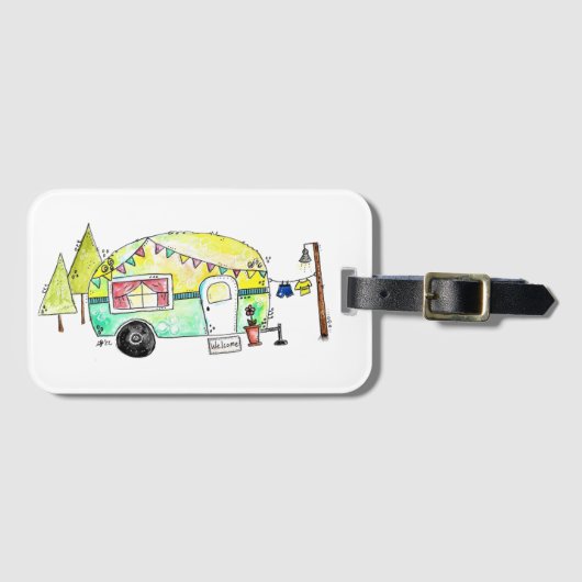 Cute and Whimsical Retro Happy Camper Bagagelabel (Voorkant (horizontaal))