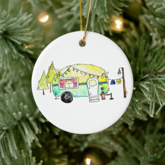 Cute and Whimsical Retro Happy Camper Keramisch Ornament (Boom)