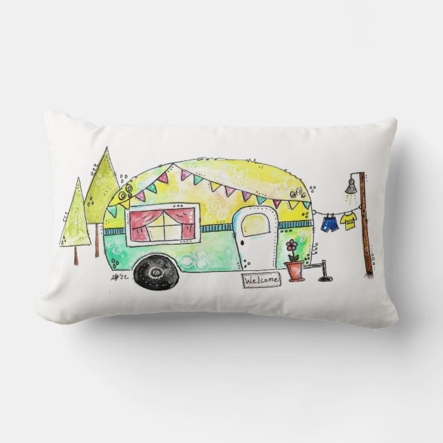 Cute and Whimsical Retro Happy Camper Kussen (Voorkant)