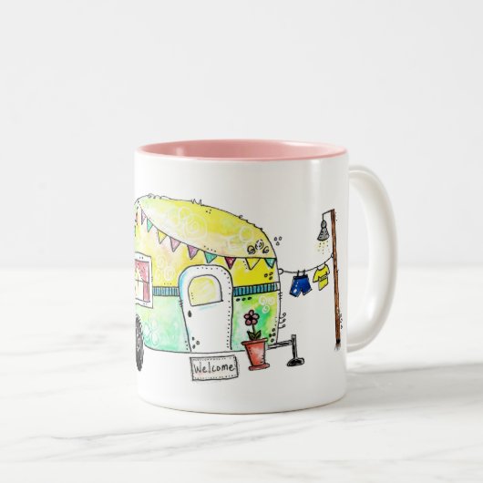 Cute and Whimsical Retro Happy Camper Tweekleurige Koffiemok (Voorkant rechts)