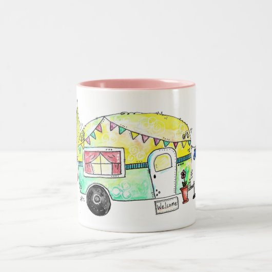 Cute and Whimsical Retro Happy Camper Tweekleurige Koffiemok (Center)