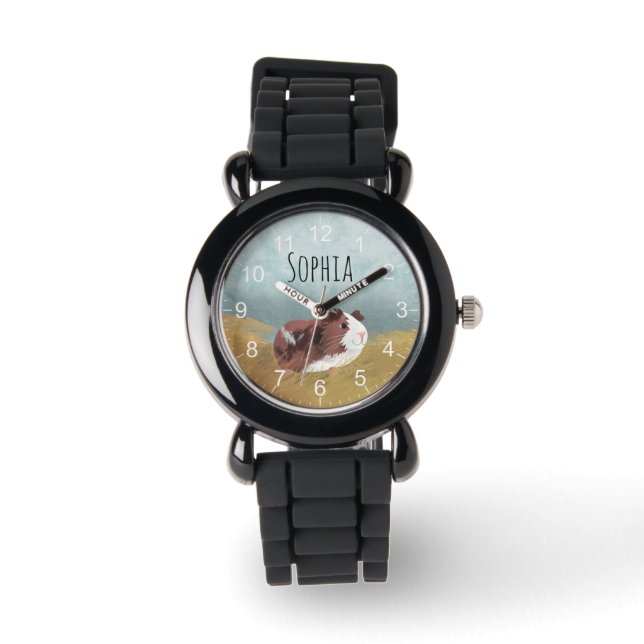 Cute and Whimsical Spotty Guinee Pig Cartoon Kinde Horloge (Voorkant)