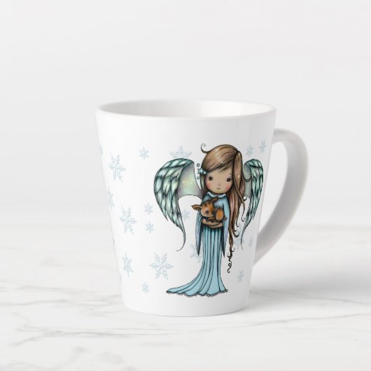 Cute Angel die Fawn vasthoudt in Snowflakes kerst Latte Mok (Rechterhoek)