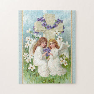Cute Angels met kruis en bloemen Legpuzzel