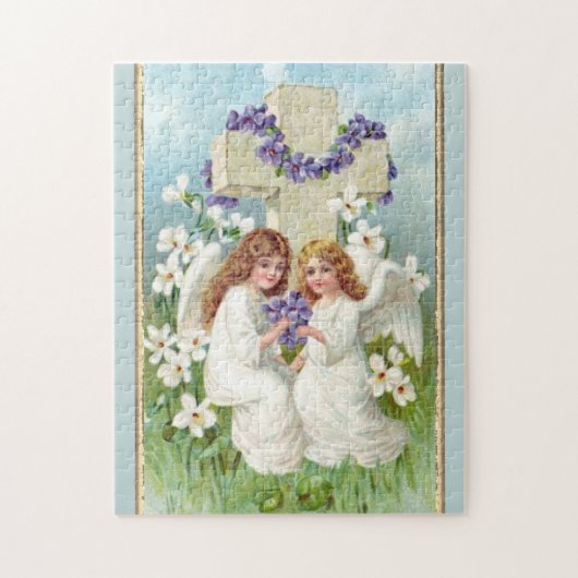 Cute Angels met kruis en bloemen Legpuzzel (Verticaal)