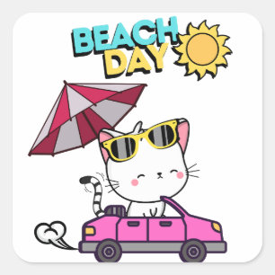Cute Angora White Cat die naar het strand rijdt Vierkante Sticker