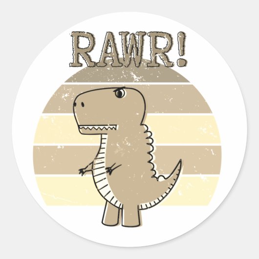 Cute Angry Sepia Cartoon T-Rex Dinosaur Sunset Ronde Sticker (Voorkant)