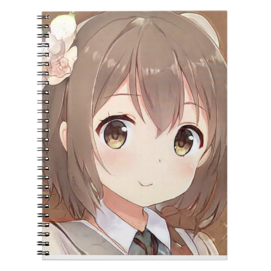 Cute anima manga girl brown hair hazel eye flower notitieboek (Voorkant)