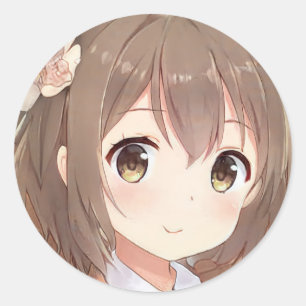Cute anima manga girl brown hair hazel eye flower ronde sticker