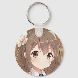 Cute anima manga girl brown hair hazel eye flower sleutelhanger