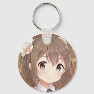 Cute anima manga girl brown hair hazel eye flower sleutelhanger