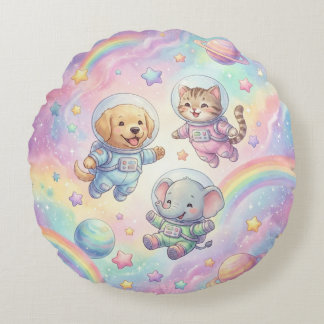 Cute Animal Astronauts Galaxy Round Throw Pillow Rond Kussen