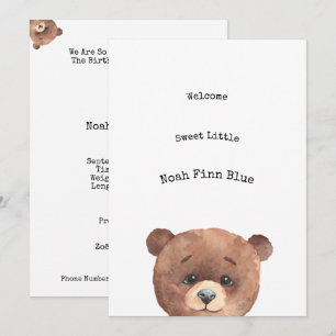 Cute Animal Brown Bear Sweet Baby Announcement Kaart