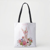 Cute Animal Bunny Floral Waterverf Name Tote Bag (Voorkant)