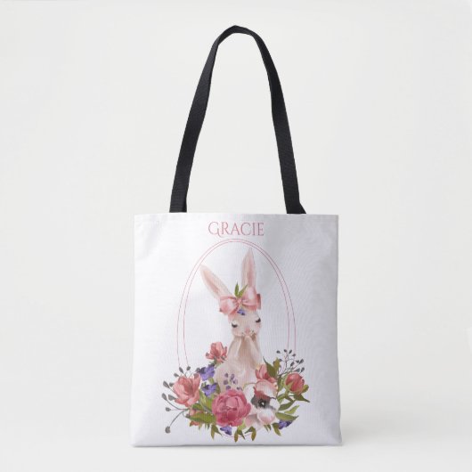 Cute Animal Bunny Floral Waterverf Name Tote Bag (Voorkant)