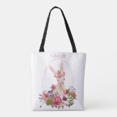 Cute Animal Bunny Floral Waterverf Name Tote Bag (Achterkant)