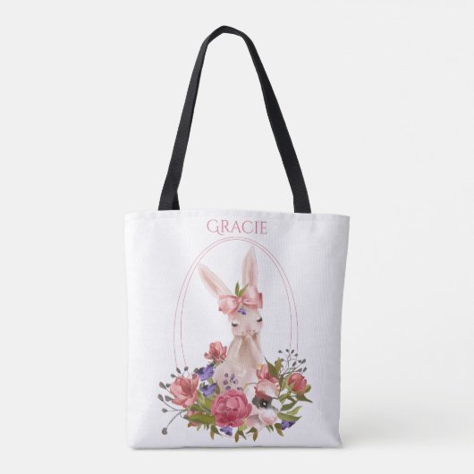 Cute Animal Bunny Floral Waterverf Name Tote Bag (Achterkant)