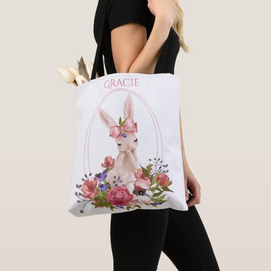 Cute Animal Bunny Floral Waterverf Name Tote Bag (Dichtbij)