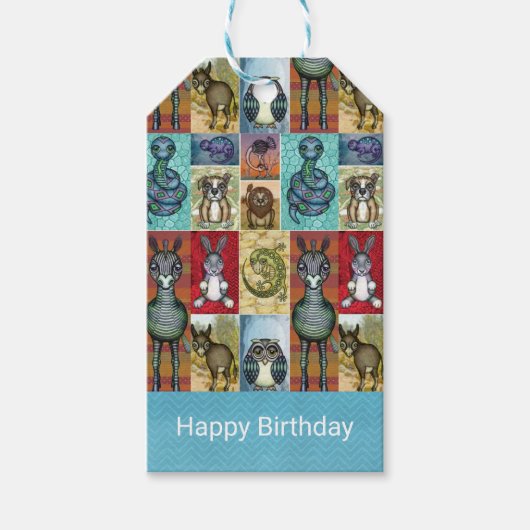 Cute Animal Collage Folk Art Design Happy Birthday Cadeaulabel (Voorkant)