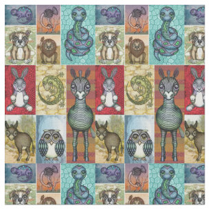 Cute Animal Collage Folk Art Design Stof
