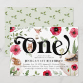 Cute Animal & Floral 'ONE' Tea Party 1st Birthday Kaart (Voorkant / Achterkant)