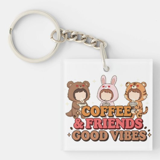 Cute Animal Friends Coffee Lovers Sleutelhanger (voorkant)