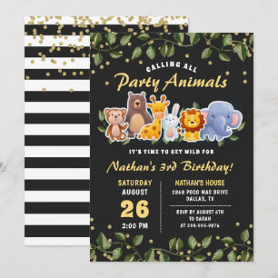 Cute Animal Friends Zoo Party Greenery Birthday Kaart