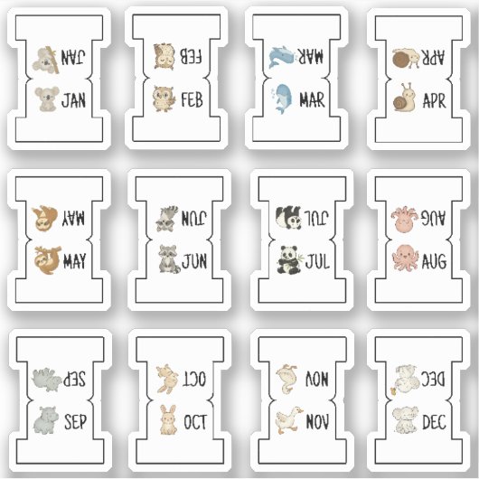 Cute Animal Monthly Index Tab Page Divider Folding Sticker (Voorkant)