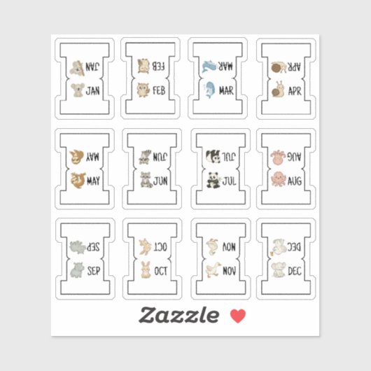 Cute Animal Monthly Index Tab Page Divider Folding Sticker (Vel)