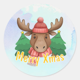 Cute Animal Moose Blue Watercolor Merry Xmas Ronde Sticker
