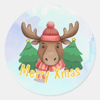 Cute Animal Moose Blue Watercolor Merry Xmas Ronde Sticker