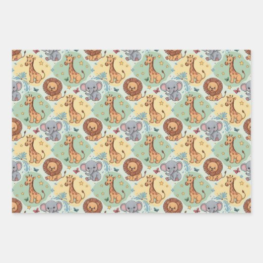 Cute animal pattern featuring lions, giraffes inpakpapier vel (Voorkant)