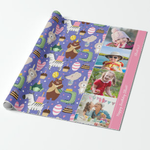 Cute Animal Pattern Happy Birthday Text + Foto Cadeaupapier