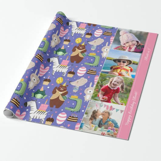 Cute Animal Pattern Happy Birthday Text + Foto Cadeaupapier (Uitgerold)