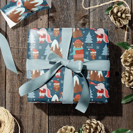 Cute Animal Pattern met de naam Blue Kerstmis Cadeaupapier
