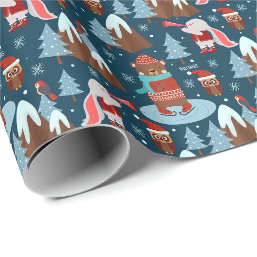 Cute Animal Pattern met de naam Blue Kerstmis Cadeaupapier (Rol Hoek)