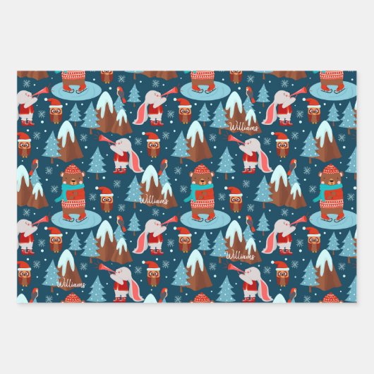 Cute Animal Pattern met de naam Blue Kerstmis Inpakpapier Vel (Voorkant)