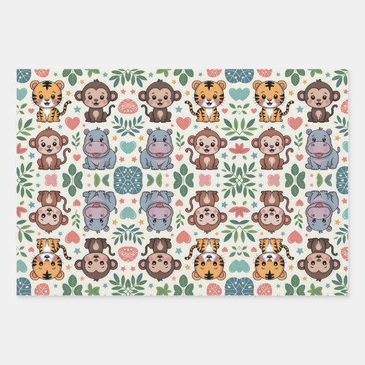 Cute animal pattern with monkeys, tigers inpakpapier vel (Voorkant)