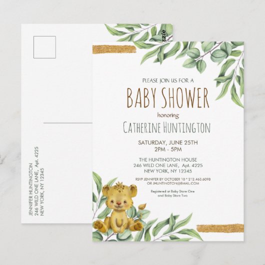 Cute Animal Safari Oerwoud Lion Baby shower Invita Briefkaart (Voorkant / Achterkant)